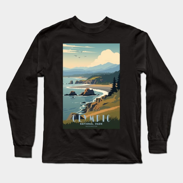 Olympic National Park Travel Poster Long Sleeve T-Shirt by GreenMary Design